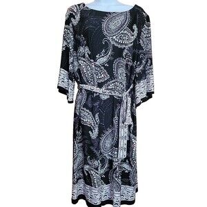 Lane Bryant Dress 16 Black Pink Floral Paisley Stretch w/ Tie Belt Scoop Neck